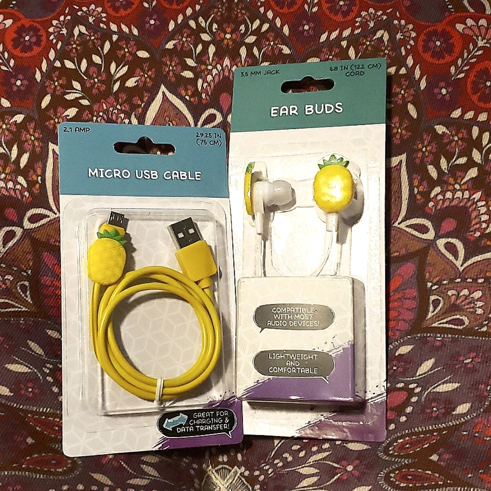Pineapple Ear Buds Micro USB Cable Yellow Earphone Headphone Charging Cable - Picture 1 of 9